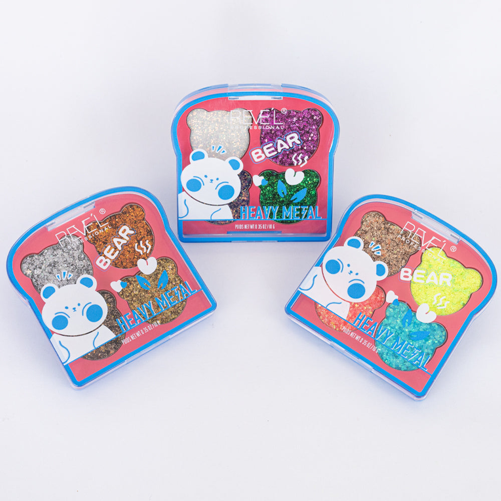 Paleta glitter Bear Heavy Metal Reve'l 4 colores alta pigmentación fórmula escarchada múltiples variantes empaque kawaii osito