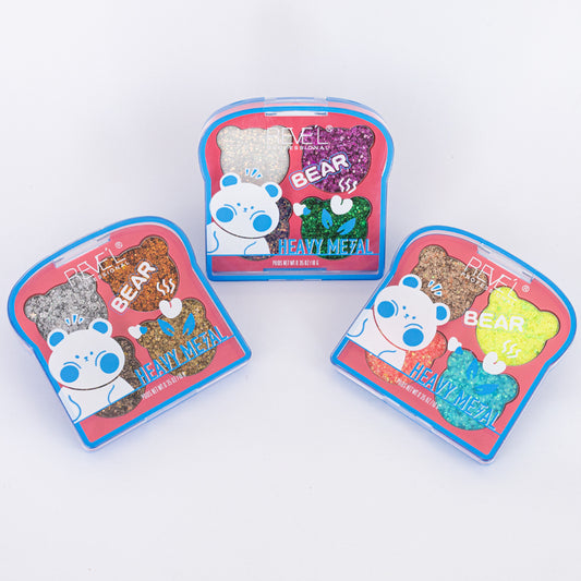 Paleta glitter Bear Heavy Metal Reve'l 4 colores alta pigmentación fórmula escarchada múltiples variantes empaque kawaii osito