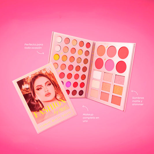Paleta libro Fashion by Reve'l Professional abierta mostrando sombras de ojos en tonos cálidos matte y shimmer, rubores e iluminadores rosados