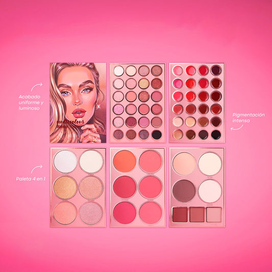 Paleta libro de maquillaje I Want You de Reve'l con sombras, labiales, rubores, iluminadores y polvos compactos en tono rosa