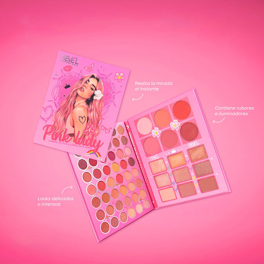 Paleta libro Pink Lady de Reve'l Professional abierta mostrando sombras de ojos en tonos rosas y corales, rubores e iluminadores