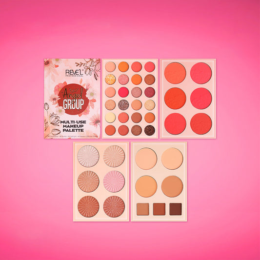 Paleta multiuso Angel Group de Reve'l Professional con sombras de ojos, rubores coral, iluminadores dorados, polvos compactos y polvos de cejas