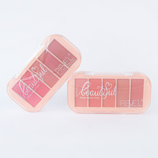 Paleta rubor Cheeks Beautiful 5 tonos en polvo rosa y coral en estuche compacto rectangular con tapa transparente — Reve'l Professional