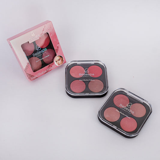 Paleta de rubor mate 4 tonos rosas y corales Matt Blusher Palette Bellespa Cosmetics, estuche compacto negro con tapa transparente