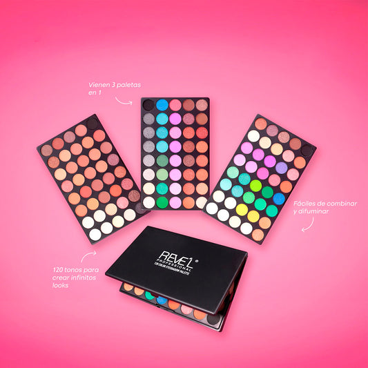 Paleta de Sombras 120 Colores 3 en 1 Reve'l con tonos cálidos, vibrantes y neón de alta pigmentación fáciles de combinar y difuminar para infinitos looks
