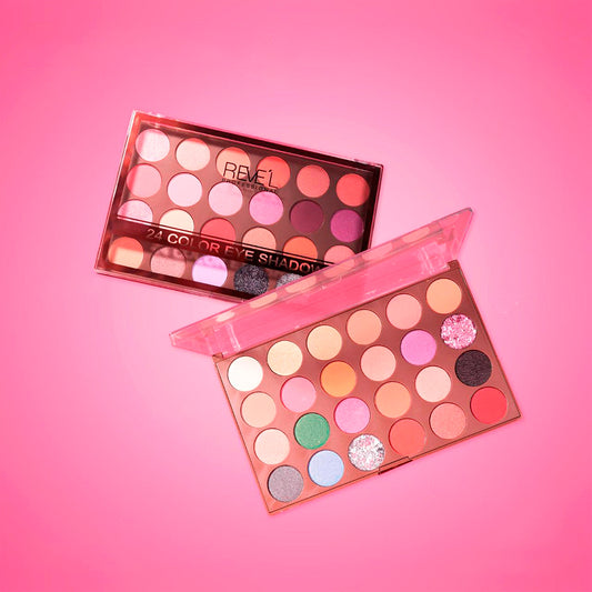 Paleta Sombras 24 Colores Reve'l abierta con tonos melocotón rosa coral mauve lila y glitter en acabados matte shimmer y glitter para looks profesionales