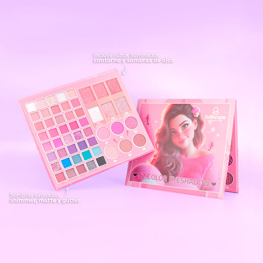 Paleta de 52 colores con sombras shimmer matte glitter rubor iluminador y contorno sobre fondo lila — Bellespa Cosmetics