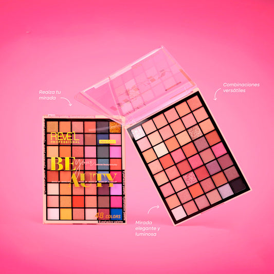 Paleta de sombras Be Your Beauty de Reve'l Professional abierta con 48 colores en tonos corales, rosas y neutros en acabado matte y shimmer
