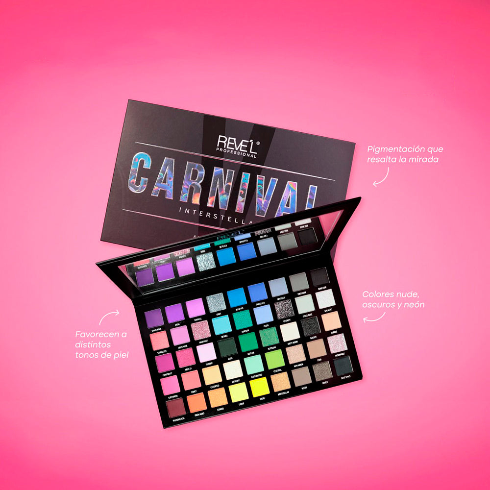 Paleta Sombras Carnival Interstellar Reve'l abierta con espejo integrado, tonos nude oscuros y neón en acabados matte shimmer y metálico que resaltan la mirad