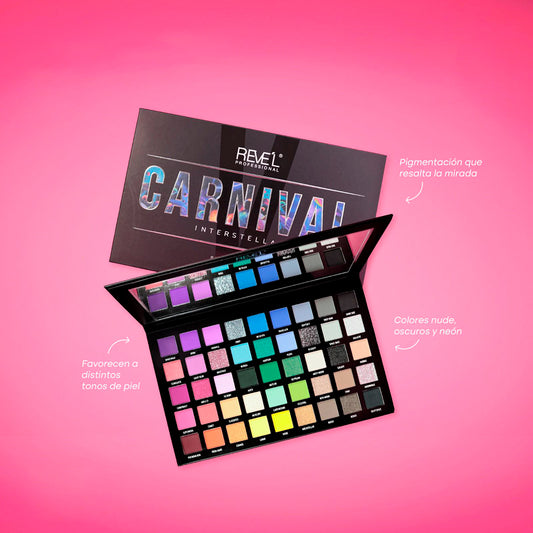 Paleta Sombras Carnival Interstellar Reve'l abierta con espejo integrado, tonos nude oscuros y neón en acabados matte shimmer y metálico que resaltan la mirad