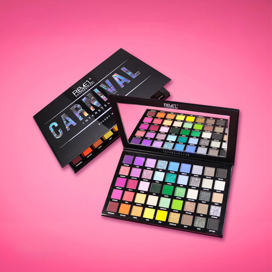 Paleta Sombras Carnival Interstellar Stacey Marie Reve'l abierta y cerrada mostrando amplia variedad de tonos vibrantes neutros y luminosos en acabados matte shimmer y glitter