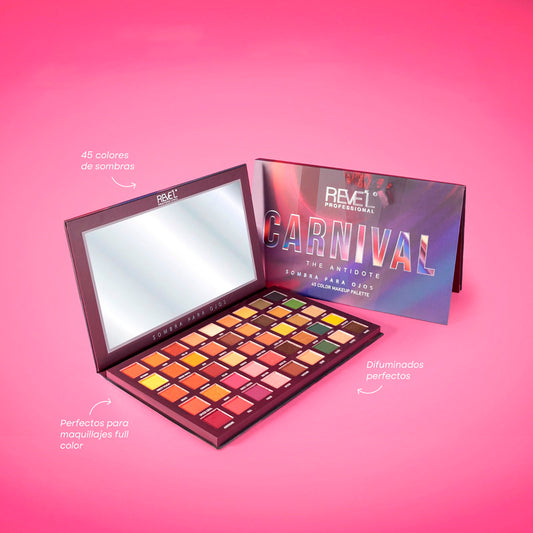 Paleta Sombras Carnival The Antidote 45 Colores Reve'l abierta con espejo integrado, tonos vibrantes cálidos naranjas rosas y neutros para maquillajes full color