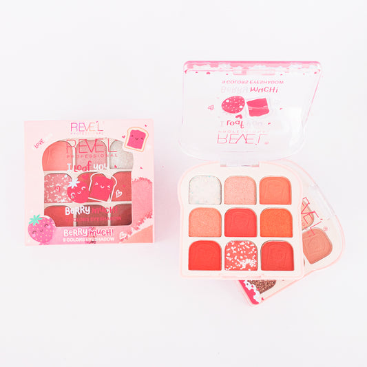 Paleta de sombras I Loaf You Berry Much Reve'l 9 colores en tonos rosa, rojo, coral y glitter con empaque kawaii de fresas y tostadas