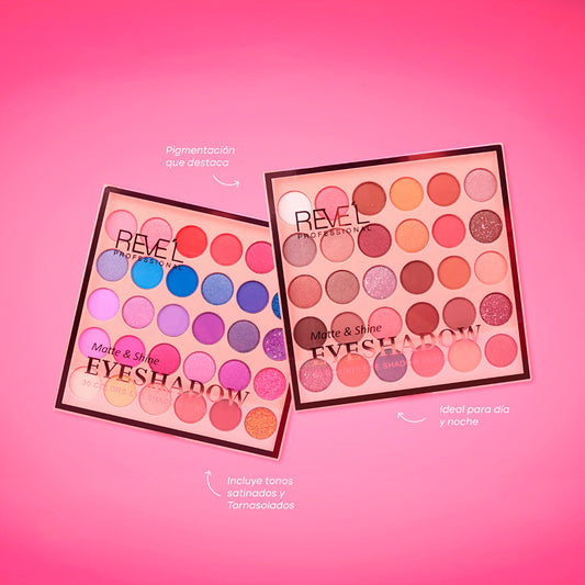 Paleta de sombras Matte & Shine de Reve'l Professional con 30 colores en tonos morados, rosas, azules y neutros con acabado matte y tornasolado