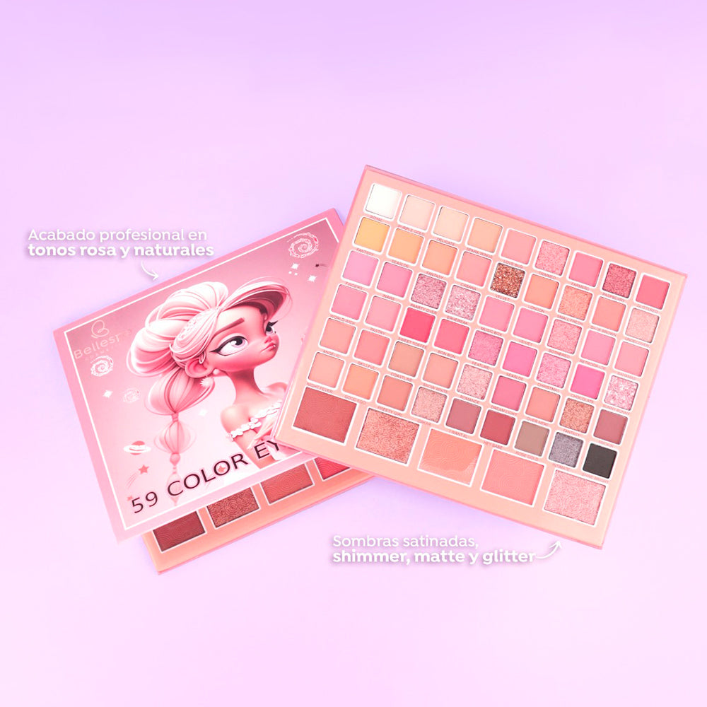 Paleta de sombras Soñada 59 colores en tonos rosa y naturales con acabados shimmer matte y glitter sobre fondo lila — Bellespa Cosmetics