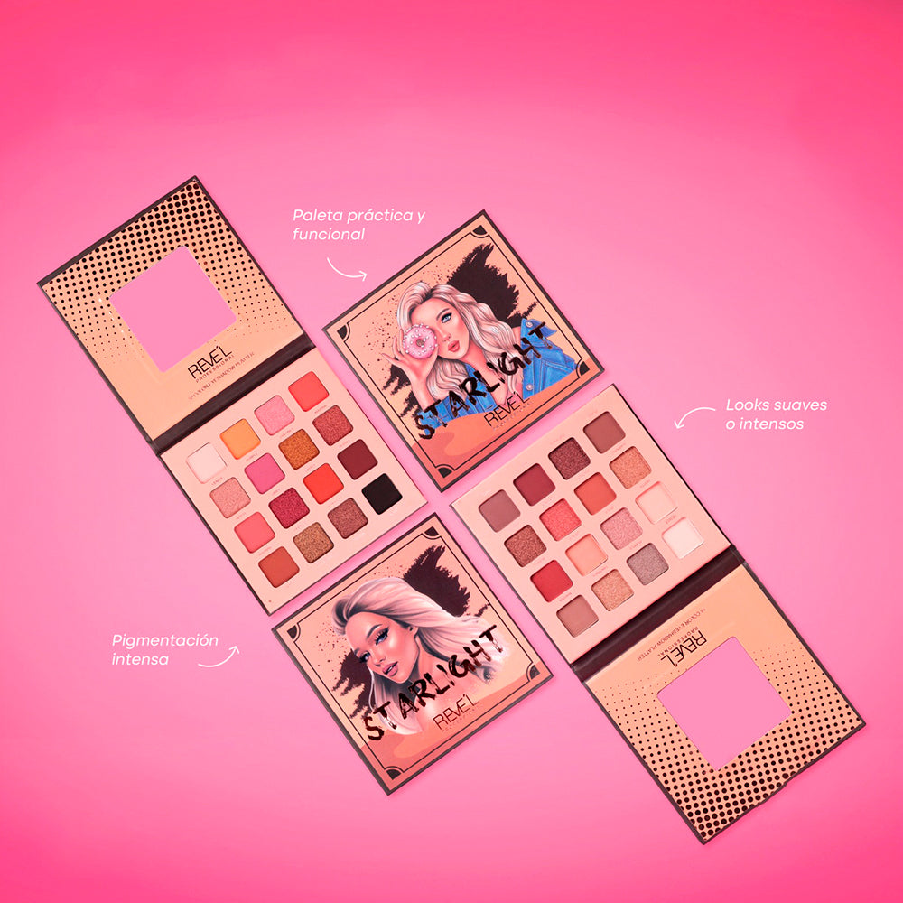 Paleta de sombras Starlight de Reve'l Professional con 16 colores en tonos melocotón, coral, malva y neutros con acabado matte y shimmer