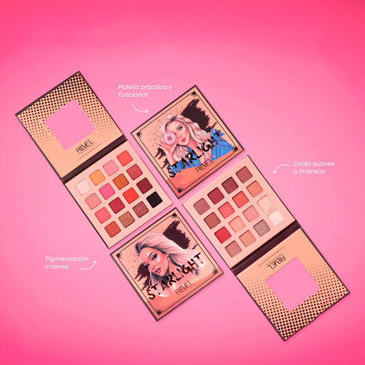 Paleta de sombras Starlight de Reve'l Professional con 16 colores en tonos melocotón, coral, malva y neutros con acabado matte y shimmer