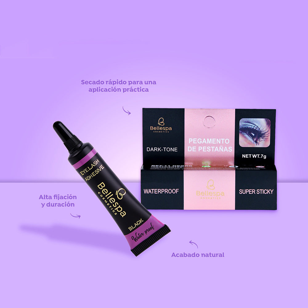 Pegamento de pestañas Dark-Tone negro waterproof super sticky con caja sobre fondo lila — Bellespa Cosmetics 7g