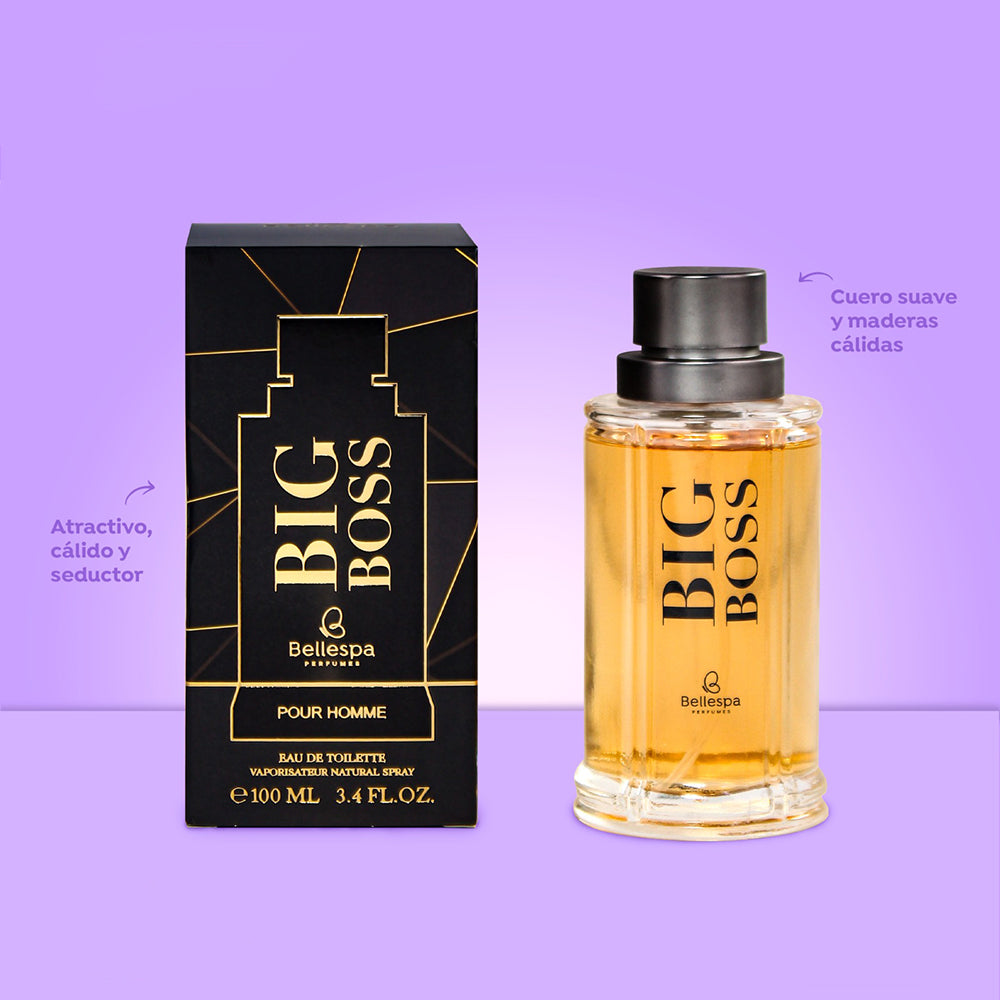 Eau de Toilette Big Boss Pour Homme Bellespa Perfumes 100ml en frasco ambar con caja negra y detalles dorados