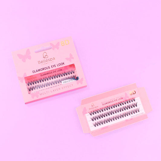 Pestañas postizas glamorous eye look 8D multi-layer effect Bellespa Cosmetics 10mm en empaque rosado sobre fondo lila