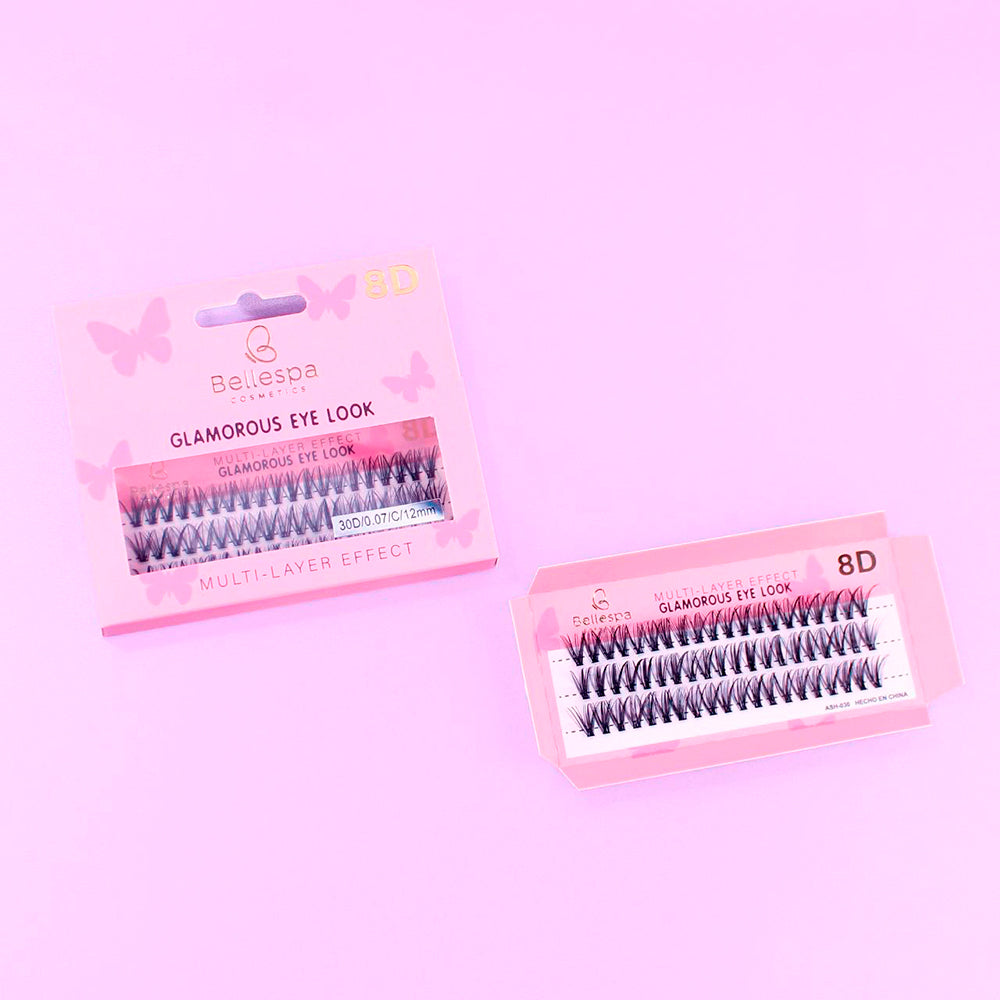 Pestañas postizas glamorous eye look 8D multi-layer effect Bellespa Cosmetics 12mm en empaque rosado sobre fondo lila