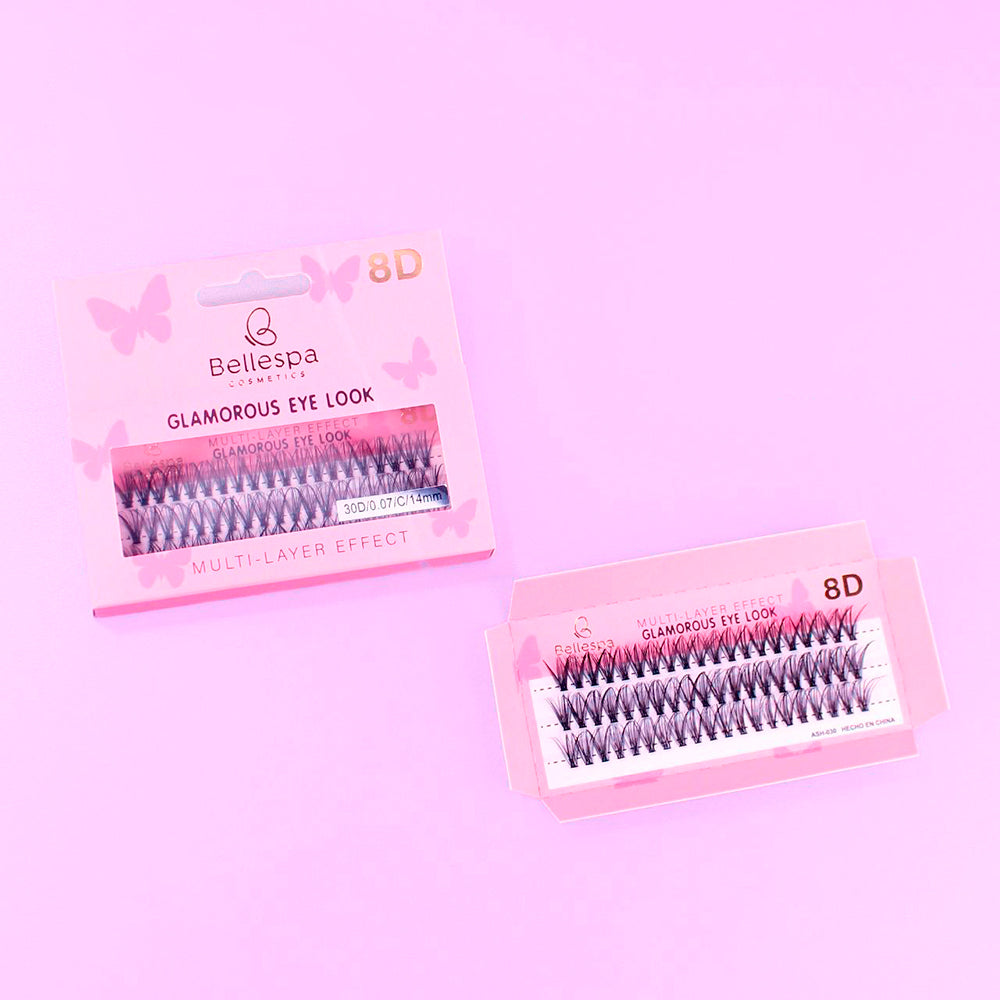 Pestañas postizas glamorous eye look 8D multi-layer effect Bellespa Cosmetics 14mm en empaque rosado sobre fondo lila