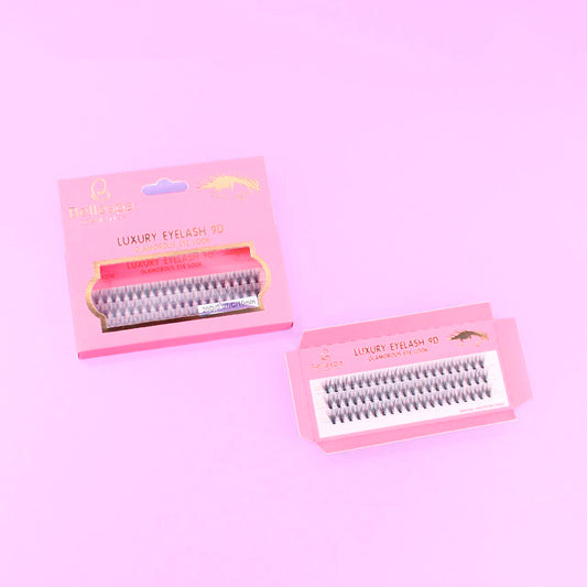 Pestañas postizas luxury eyelash 9D glamorous eye look Bellespa Cosmetics 10mm en empaque rosado y dorado sobre fondo lila