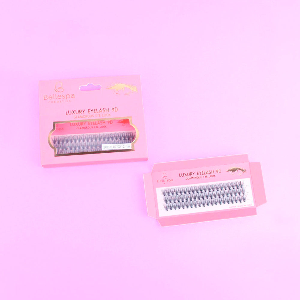 Pestañas postizas luxury eyelash 9D glamorous eye look Bellespa Cosmetics 12mm en empaque rosado y dorado sobre fondo lila