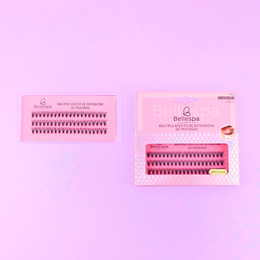 Pestañas postizas múltiple efecto extensions individual lashes Bellespa Cosmetics 10mm con base rosada en empaque rosa sobre fondo lila