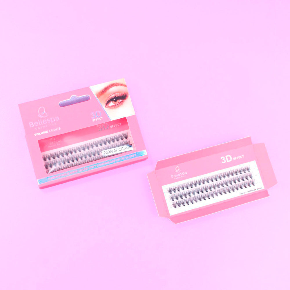 Pestañas postizas volume lashes 3D effect Bellespa Cosmetics 10mm en empaque rosado sobre fondo lila