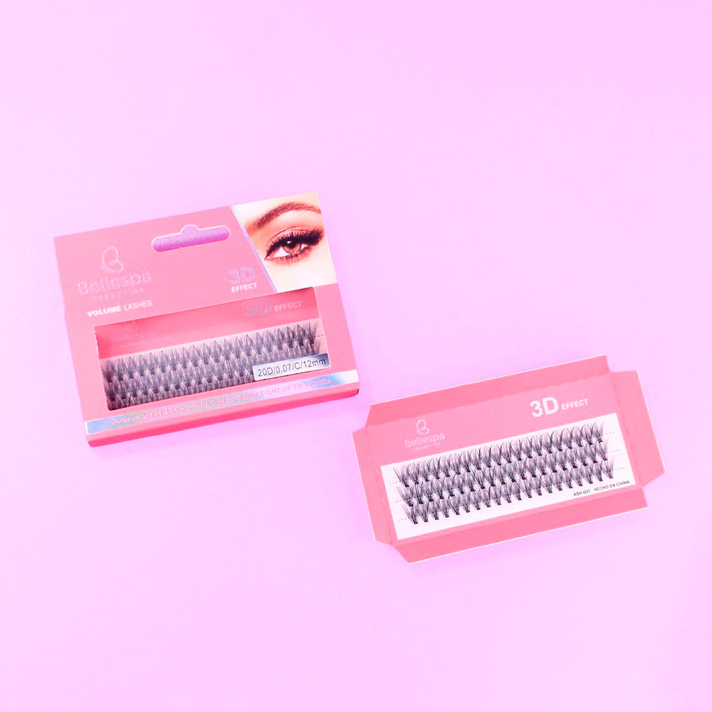 Pestañas postizas volume lashes 3D effect Bellespa Cosmetics 12mm en empaque rosado sobre fondo lila