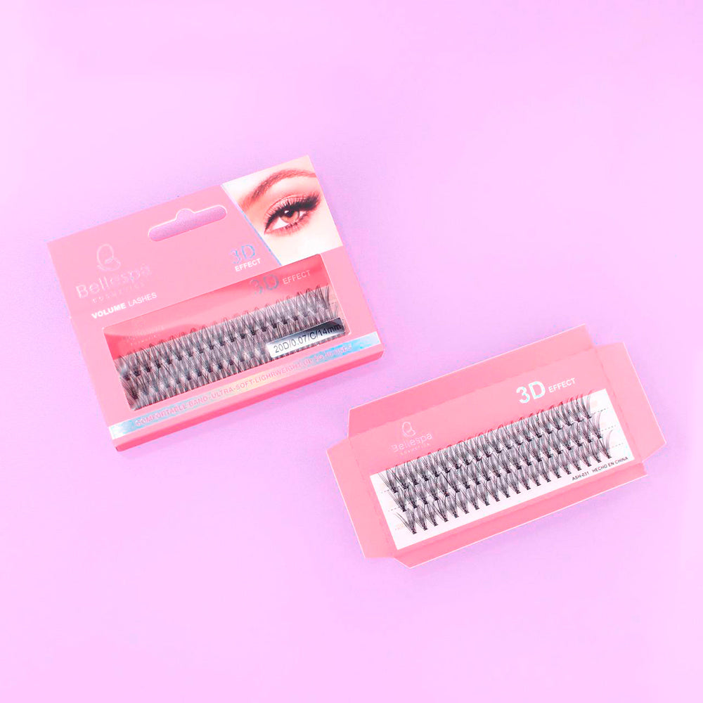 Pestañas postizas volume lashes 3D effect Bellespa Cosmetics 14mm en empaque rosado sobre fondo lila