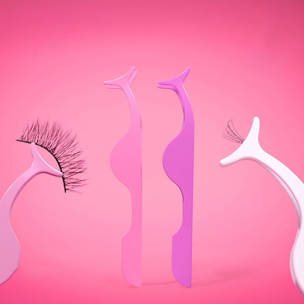Pinza aplicadora de pestañas postizas con diseño ergonómico en colores pastel rosado morado y blanco