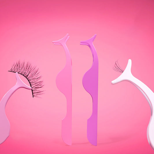 Pinza aplicadora de pestañas postizas con diseño ergonómico en colores pastel rosado morado y blanco