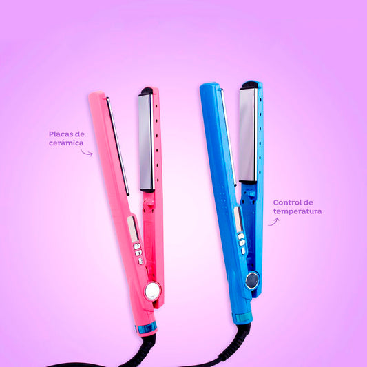 Plancha de cabello Bellespa con placas de cerámica y control de temperatura en colores rosado y azul