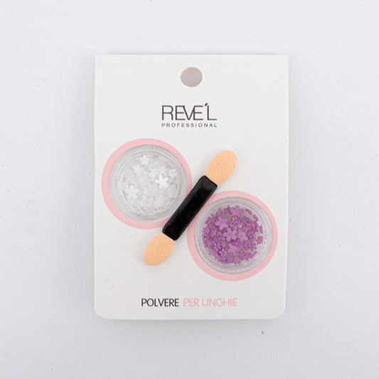 Decoración para uñas Revel Professional polvere per unghie flores blanco y lila con aplicador sobre fondo blanco
