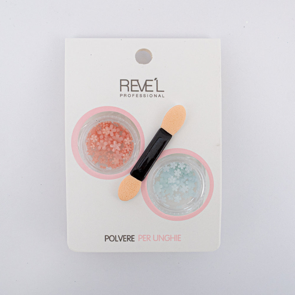 Decoración para uñas Revel Professional polvere per unghie glitter plateado holográfico con aplicador sobre fondo blanco