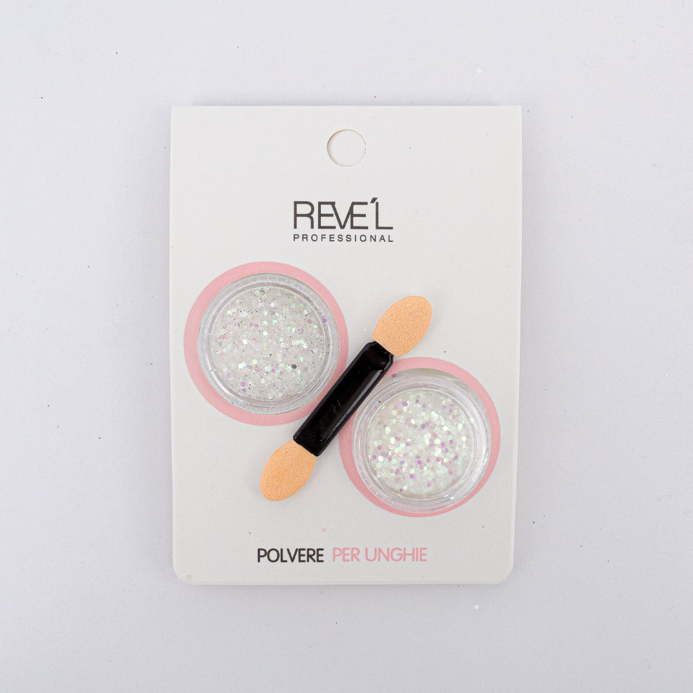 Decoración para uñas Revel Professional polvere per unghie glitter chunky blanco iridiscente con aplicador sobre fondo blanco