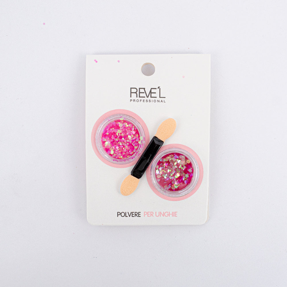 Decoración para uñas Revel Professional polvere per unghie glitter chunky fucsia holográfico con aplicador sobre fondo blanco