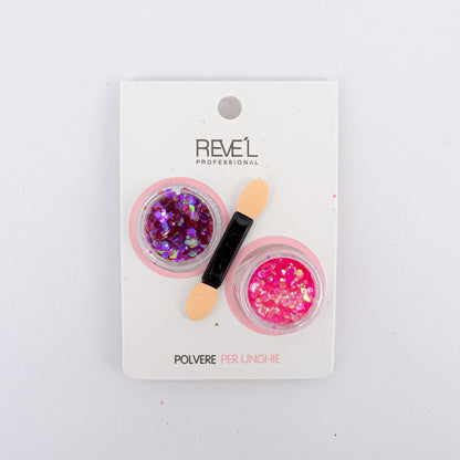 Decoración para uñas Revel Professional polvere per unghie glitter chunky fucsia y morado con aplicador sobre fondo blanco