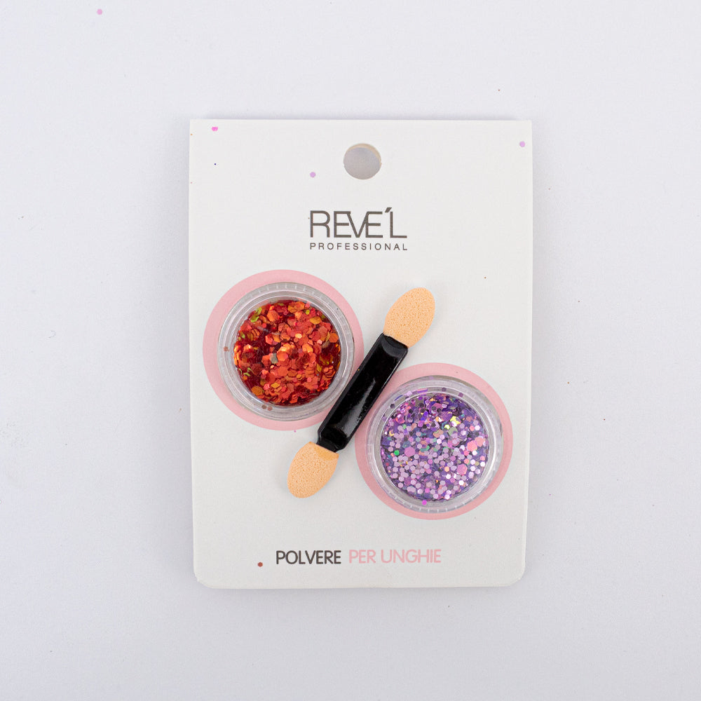 Decoración para uñas Revel Professional polvere per unghie glitter chunky rojo y lila con aplicador sobre fondo blanco