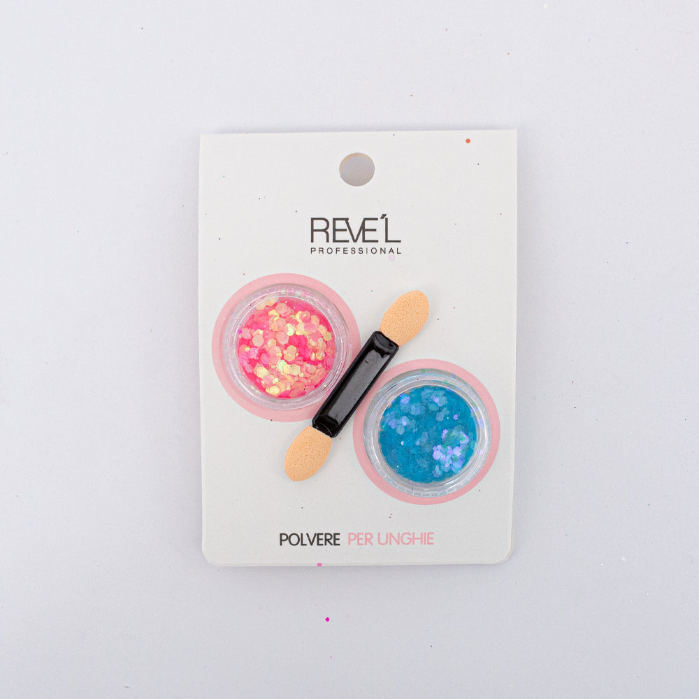 Decoración para uñas Revel Professional polvere per unghie glitter chunky rosa y azul con aplicador sobre fondo blanco