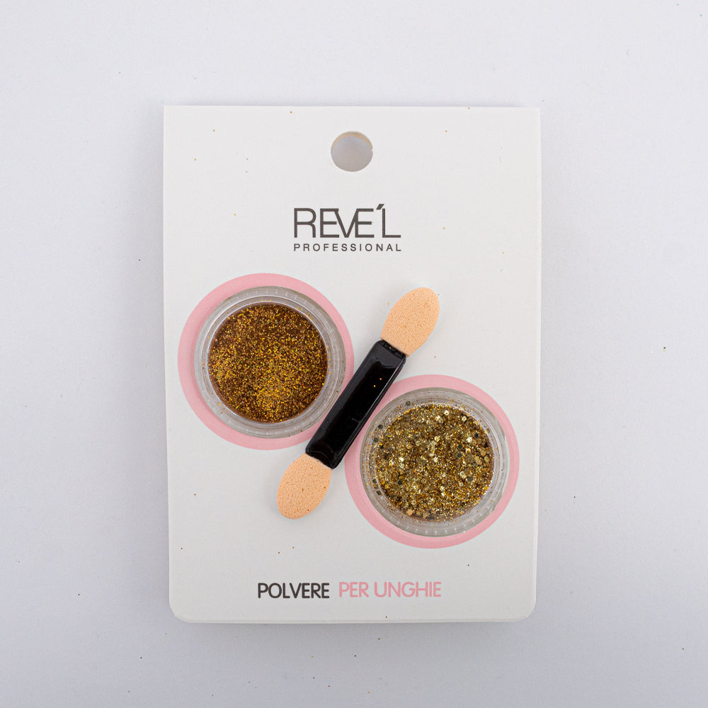 Decoración para uñas Revel Professional polvere per unghie glitter dorado con aplicador sobre fondo blanco
