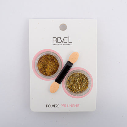 Decoración para uñas Revel Professional polvere per unghie glitter dorado con aplicador sobre fondo blanco