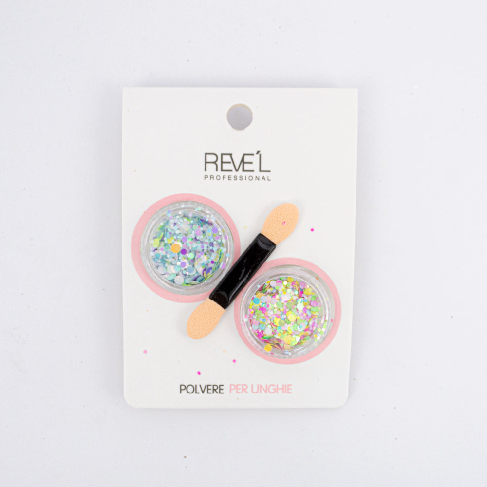 Decoración para uñas Revel Professional polvere per unghie glitter multicolor pastel con aplicador sobre fondo blanco