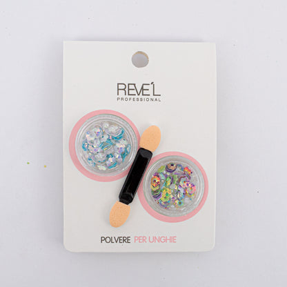 Decoración para uñas Revel Professional polvere per unghie lentejuelas holográficas iridiscentes con aplicador sobre fondo blanco vista lateral