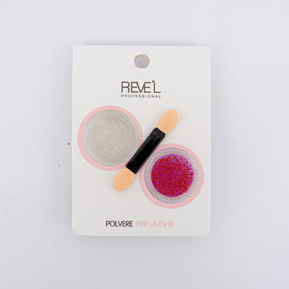 Decoración para uñas Revel Professional polvere per unghie glitter dorado con aplicDecoración para uñas Revel Professional polvere per unghie microperlas blanco y fucsia con aplicador sobre fondo blancoador sobre fondo blanco