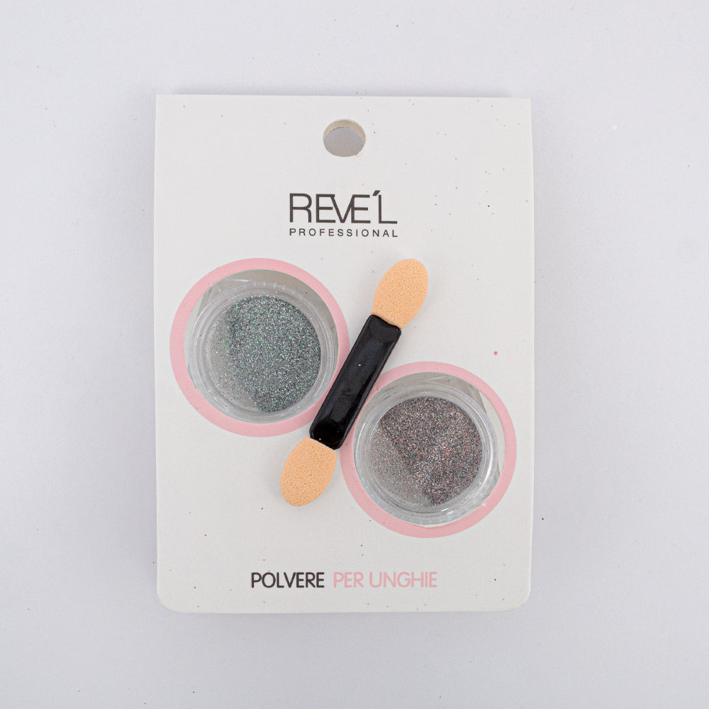 Decoración para uñas Revel Professional polvere per unghie polvo cromado verde y gris con aplicador sobre fondo blanco
