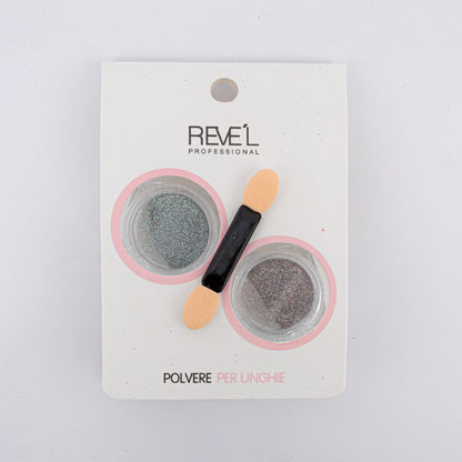 Decoración para uñas Revel Professional polvere per unghie polvo cromado verde y gris con aplicador sobre fondo blanco