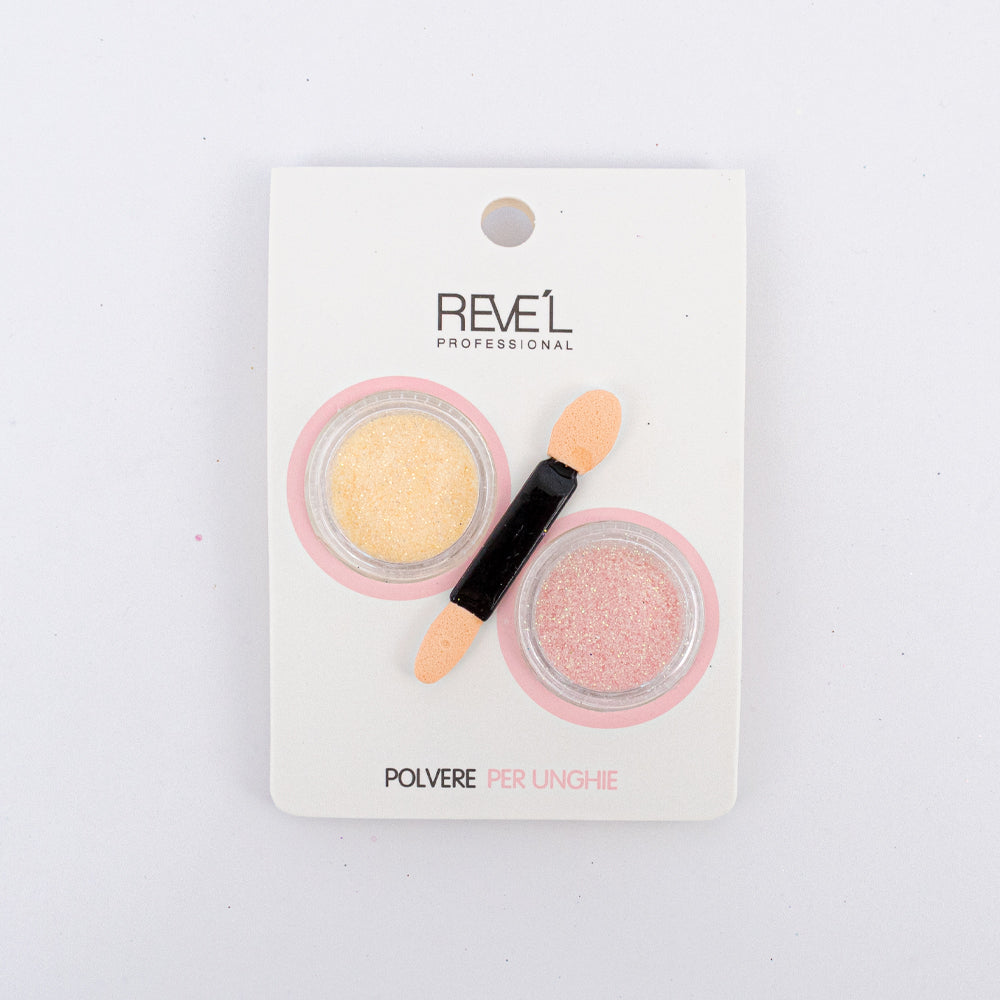 Decoración para uñas Revel Professional polvere per unghie polvo fino amarillo y rosa con aplicador sobre fondo blanco